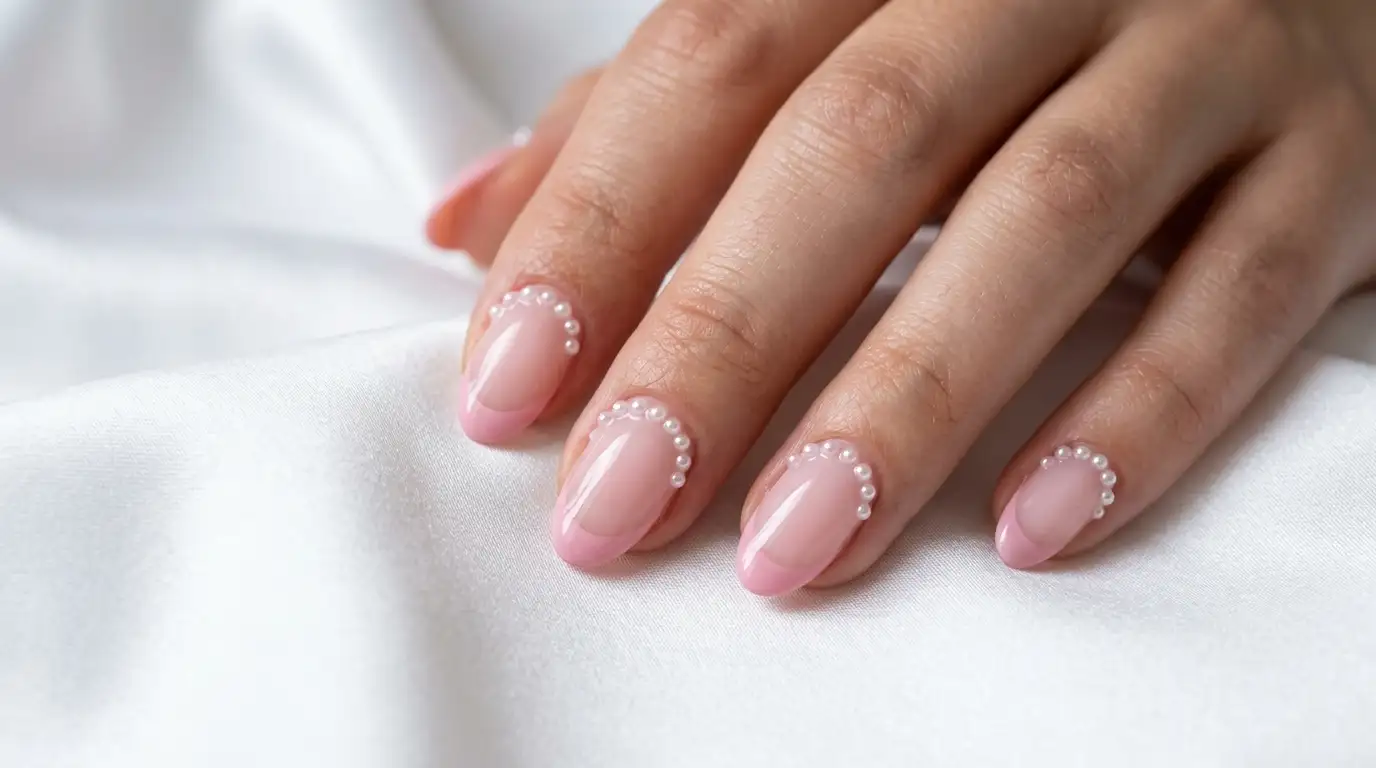 Pink on pink French tip nails with pearl accents