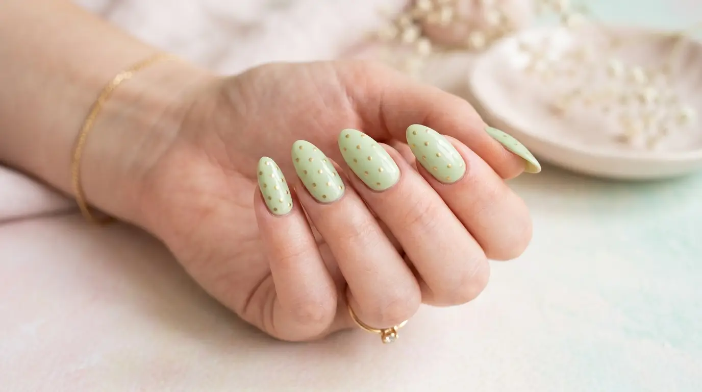 Pistachio Green Nails Dotted in Gold