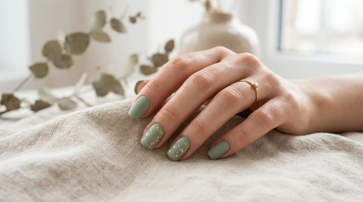 Sage Green Short Squoval Nails, Gold Foil Flecks