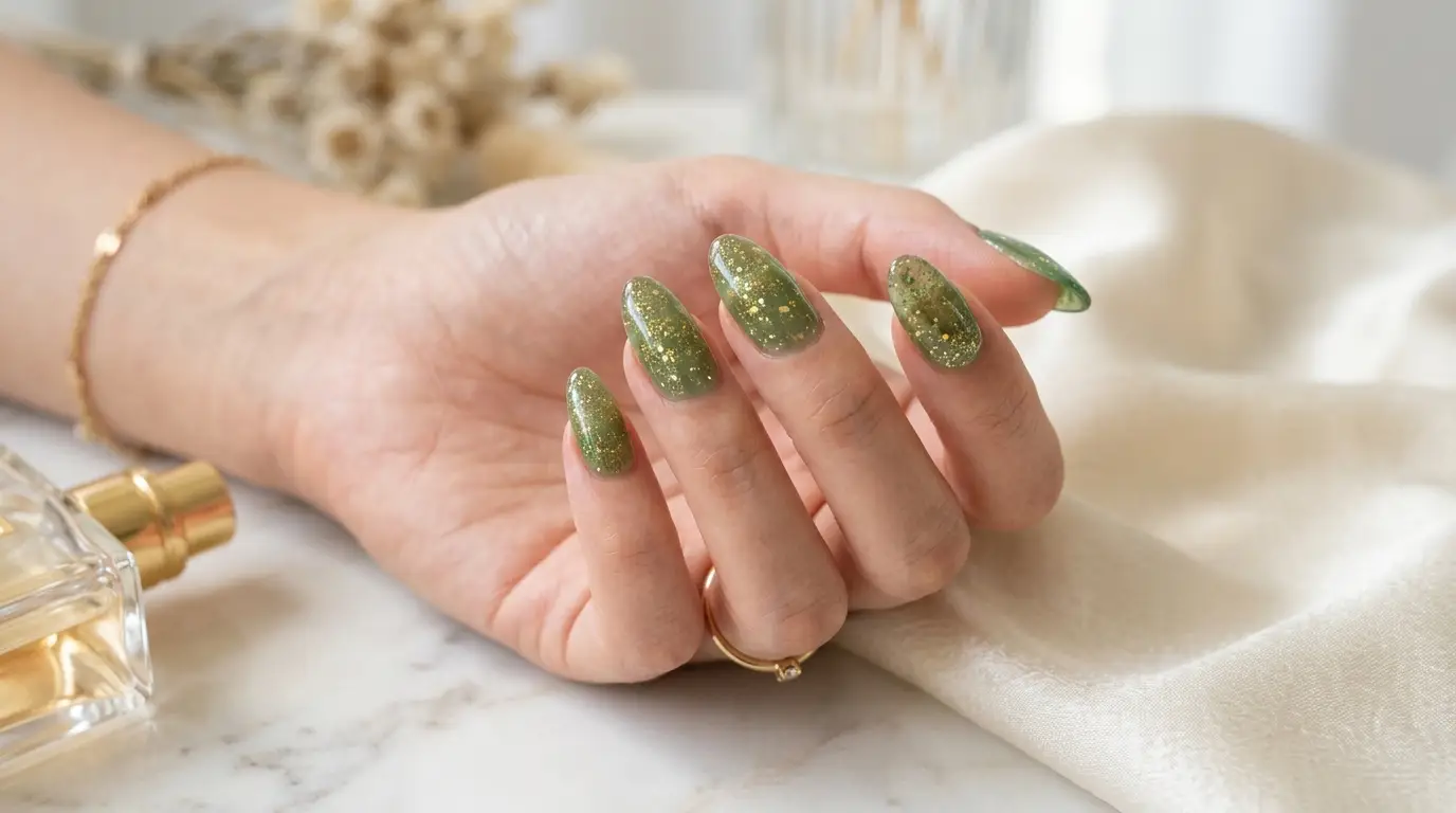 Sheer Green Jelly Nails, Gold Glitter Inside