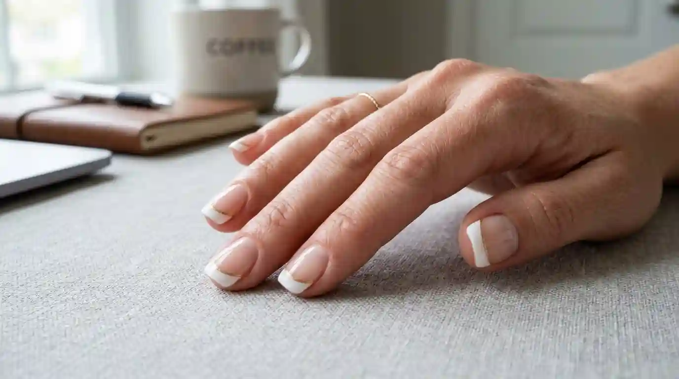 Short natural nails with a subtle thin gold line french tip for everyday wear