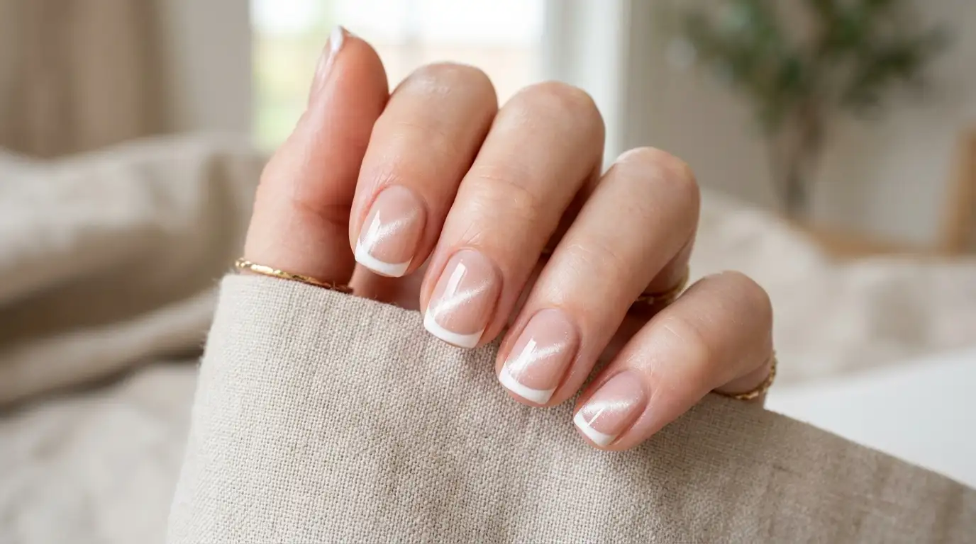 Short natural nails with white cat eye French tip design