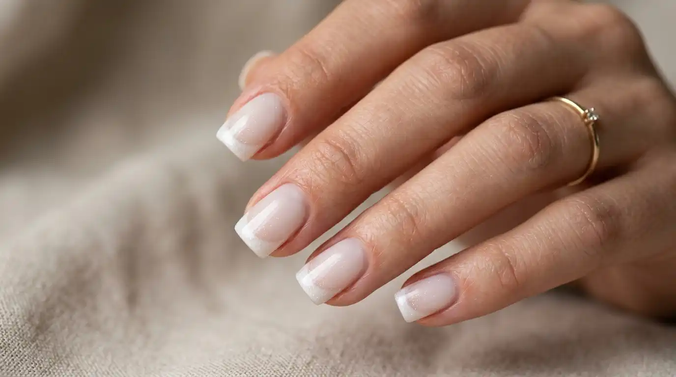 Short square nails with a neat frosted white french tip