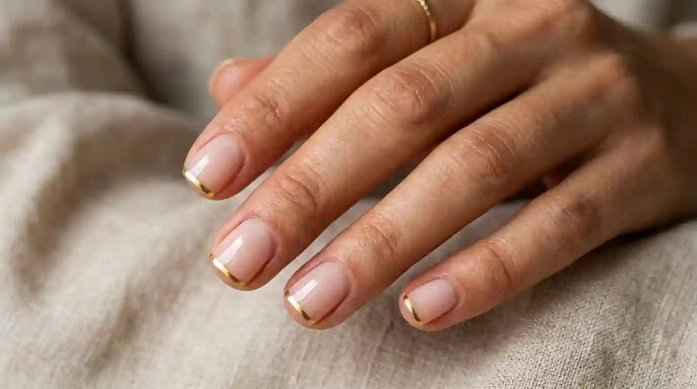 Short square nails with a thin gold line minimalist french tip