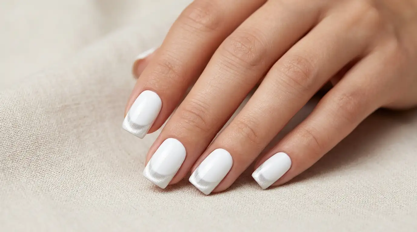 Snow white cat eye French tip nails on square-shaped nails