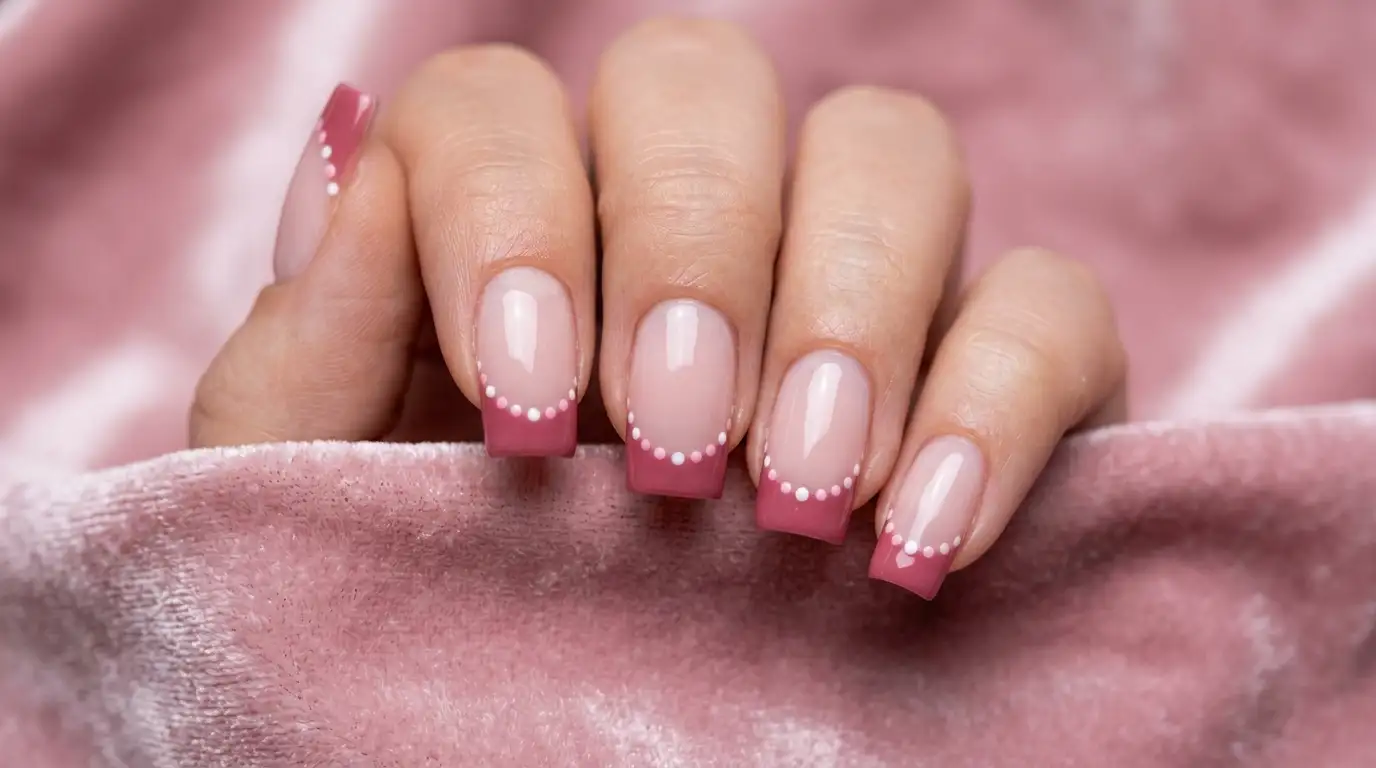 Square pink French tip nails with polka dot accent