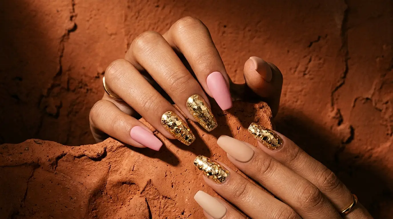 Two-Tone Pink and Nude with Gold Confetti Accent Nail
