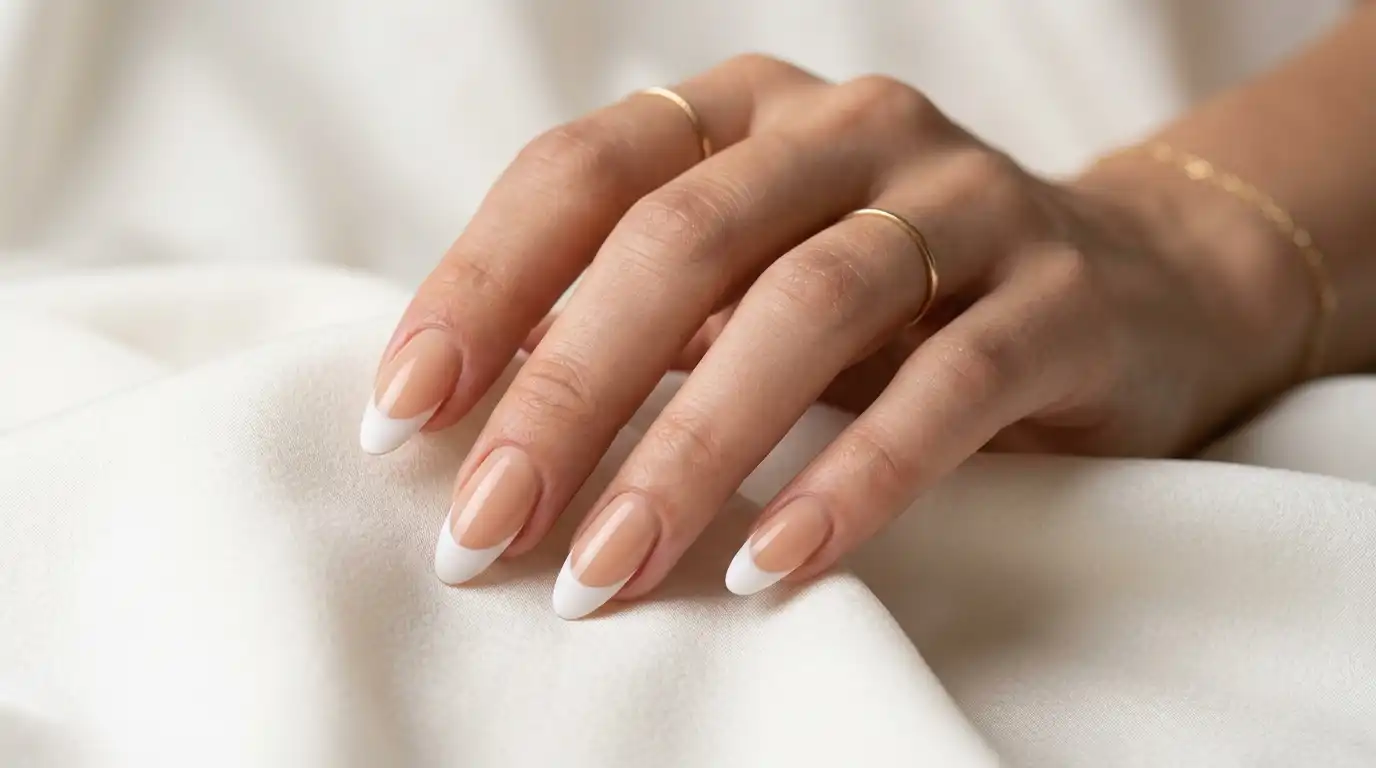 Warm nude base nails with a frosted white tip