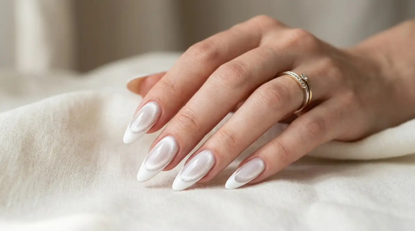 White Cat Eye French Tip Nail Designs