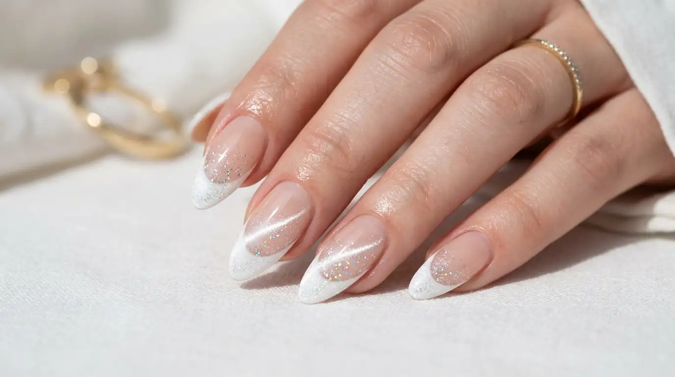 White cat eye French tip nails with diamond dust glitter finish