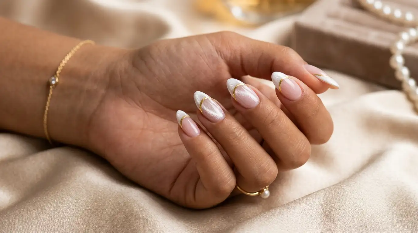 White cat eye French tip nails with gold foil smile line