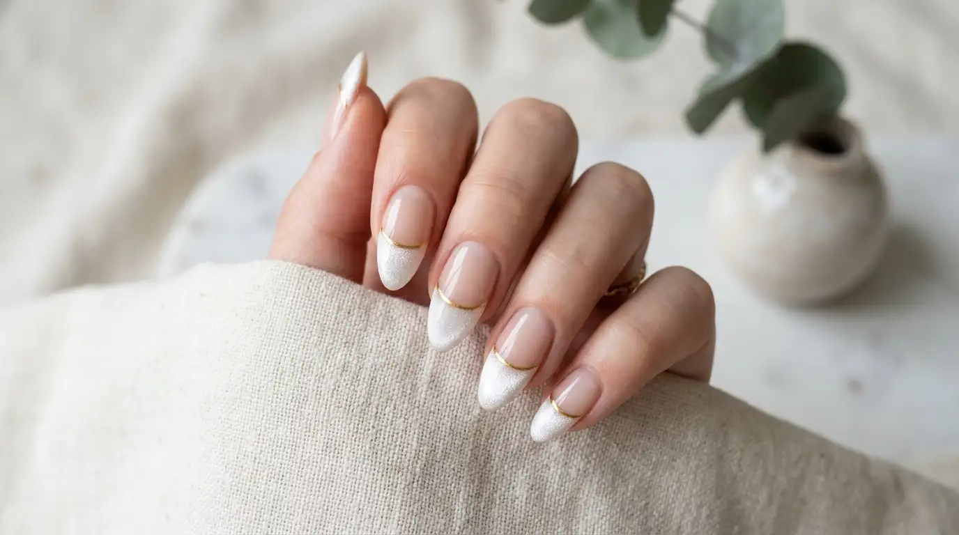 White cat eye French tip nails with minimalist line art detail