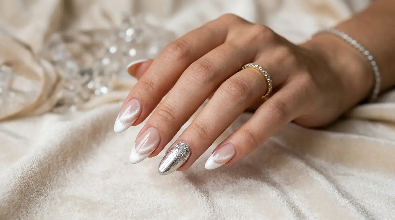 White cat eye French tip nails with one chrome diamond accent nail