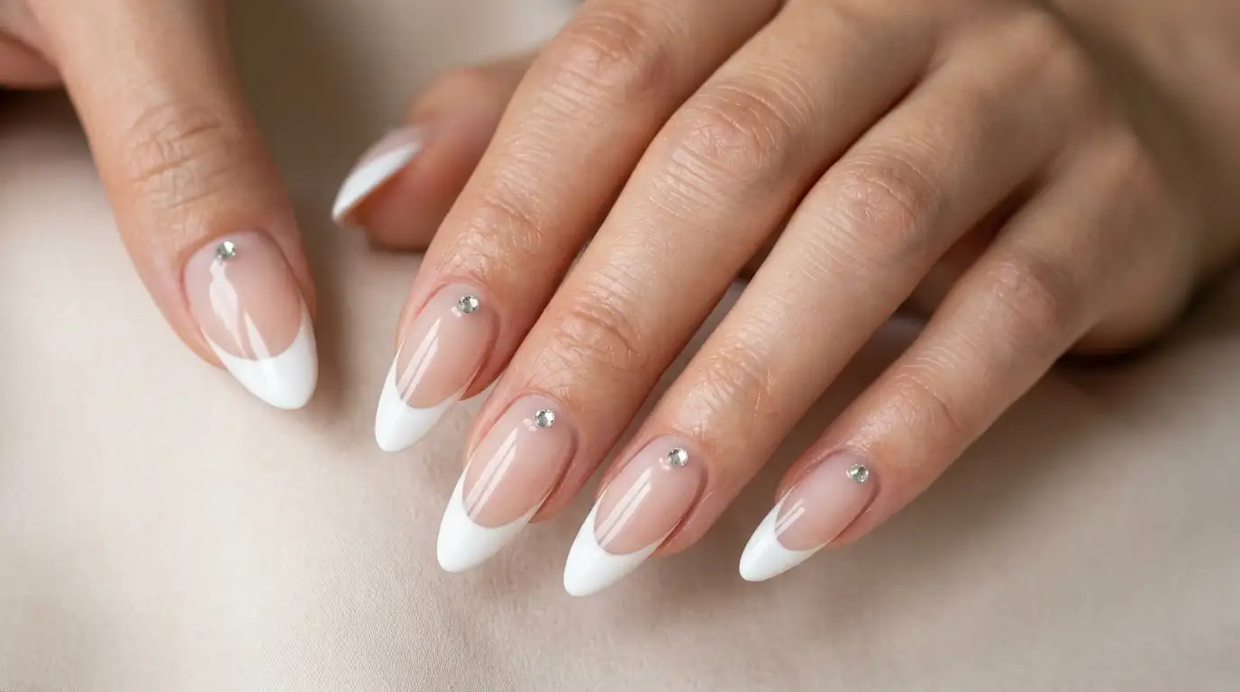 White cat eye French tip nails with single rhinestone accent