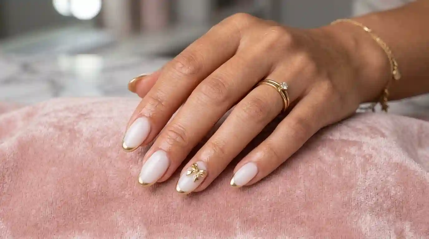 White french tip nails with a 3D gold bow accent nail