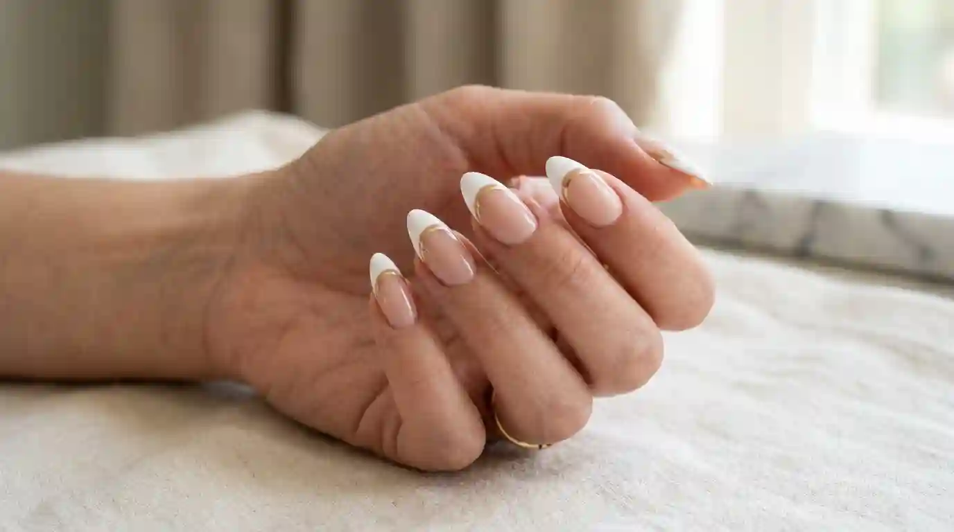 White french tip nails with a double gold line accent