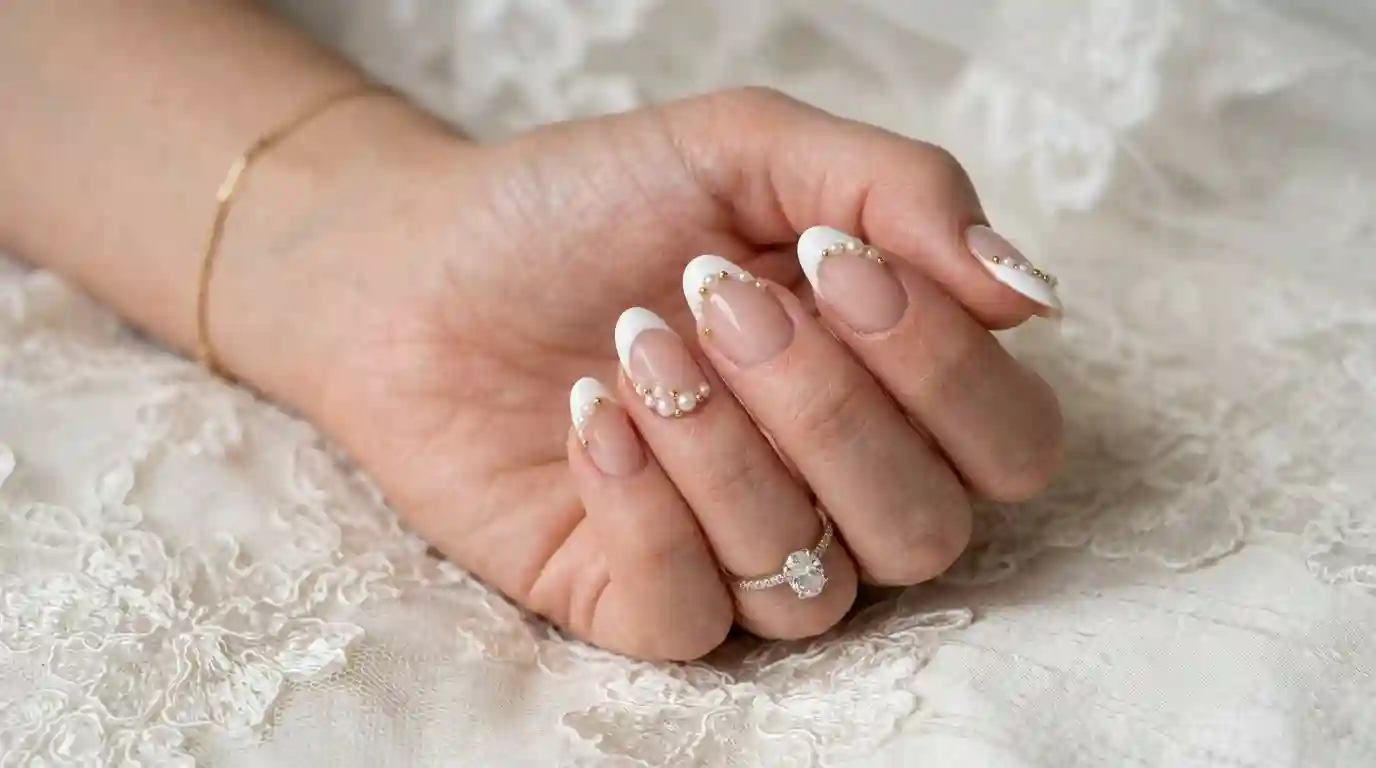 White french tip nails with gold beads and pearl accents