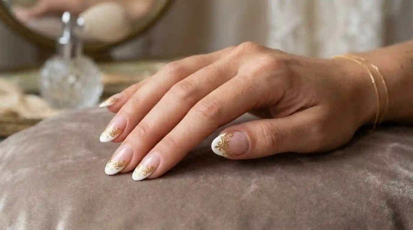 White french tip nails with gold filigree swirl art