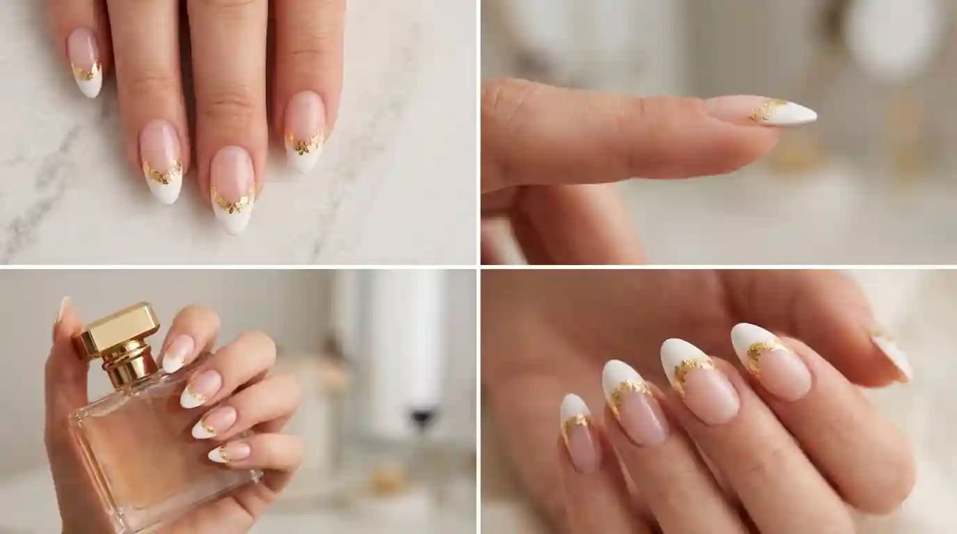 White french tip nails with gold foil flakes at the tip
