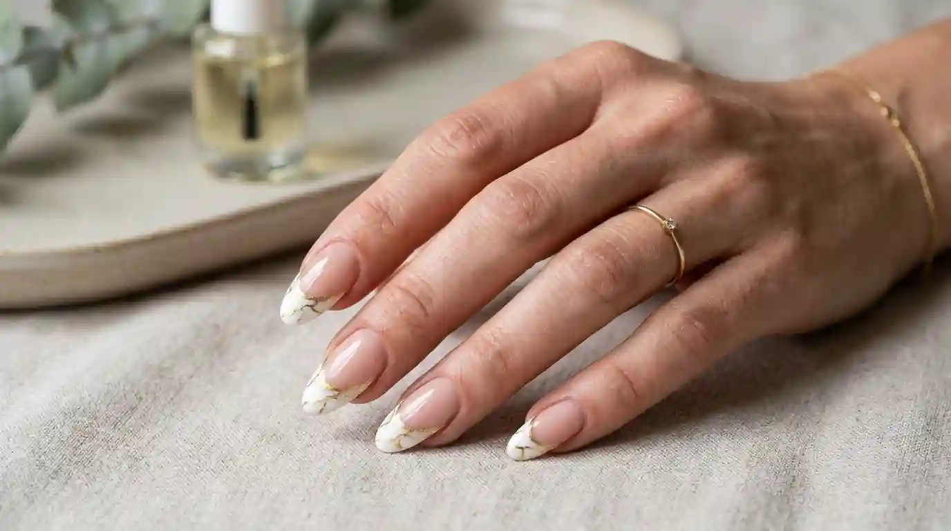 White french tip nails with gold marble vein detailing