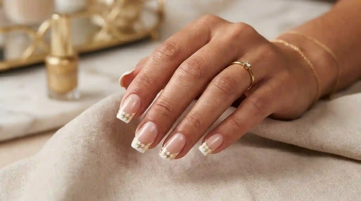White nails with a gold houndstooth print french tip