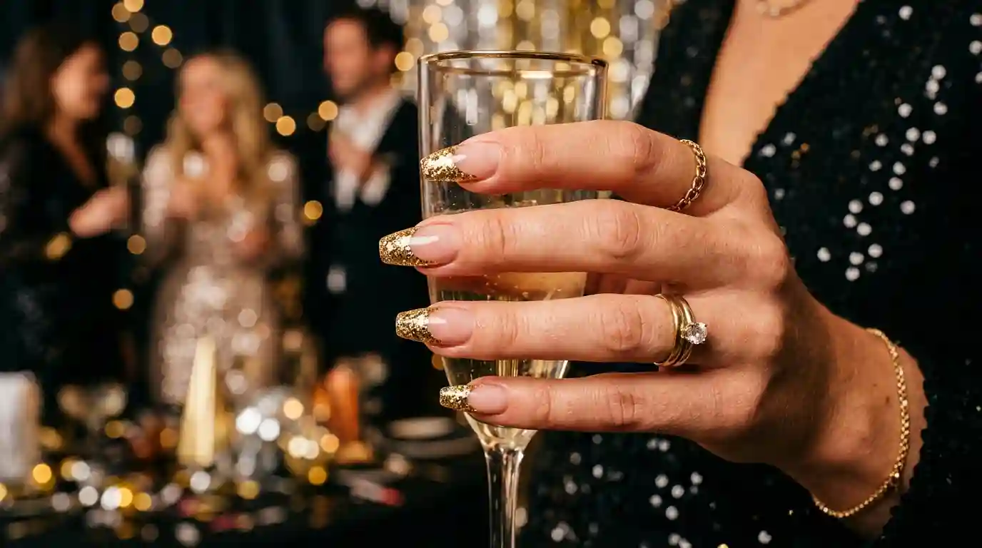 White nails with chunky gold glitter french tips for New Year