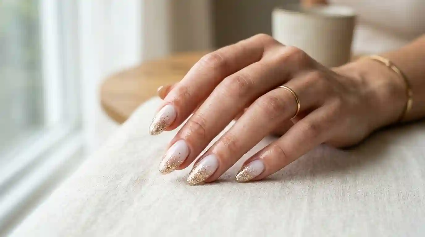 White to champagne gold glitter ombre french tip nails