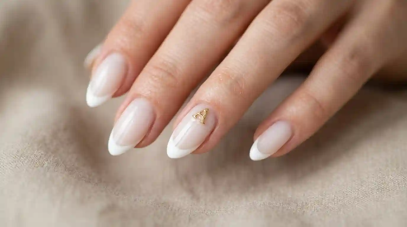 milky french gold initial accent nail