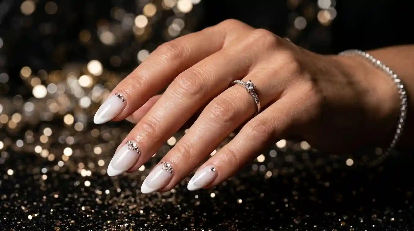 milky french rhinestone nails