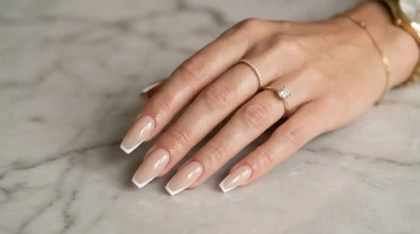 milky nude french tip coffin nails