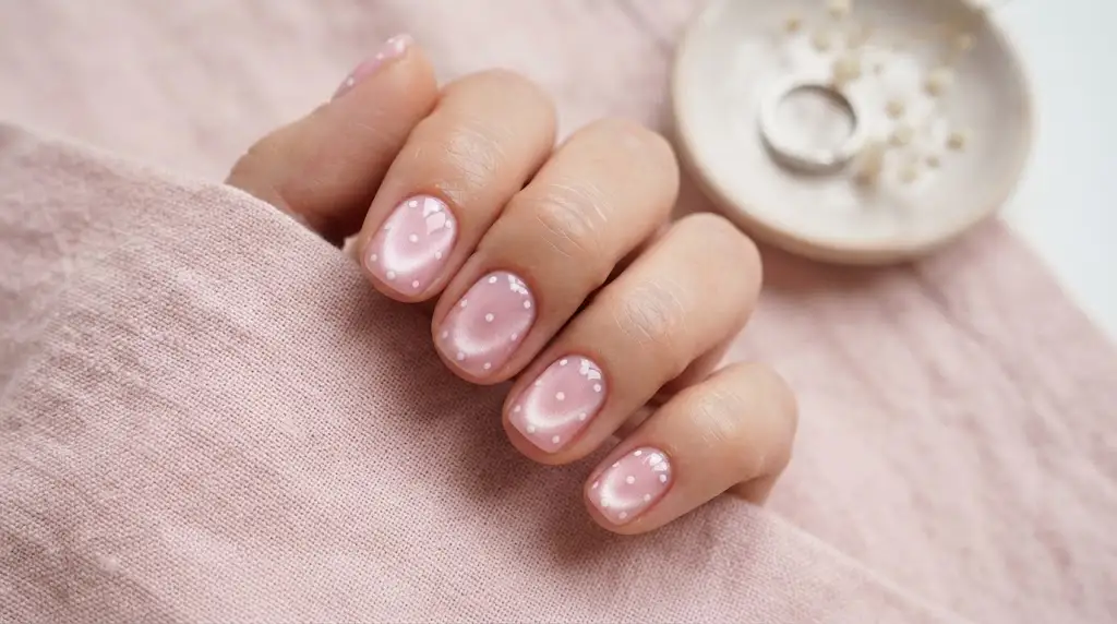 Baby Pink Cat Eye with White Dots on Short Round Nails