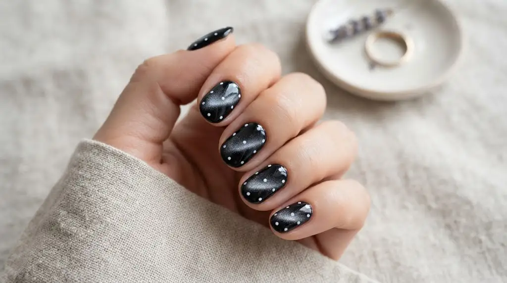 Black Cat Eye with Tiny White Dots on Short Oval Nails