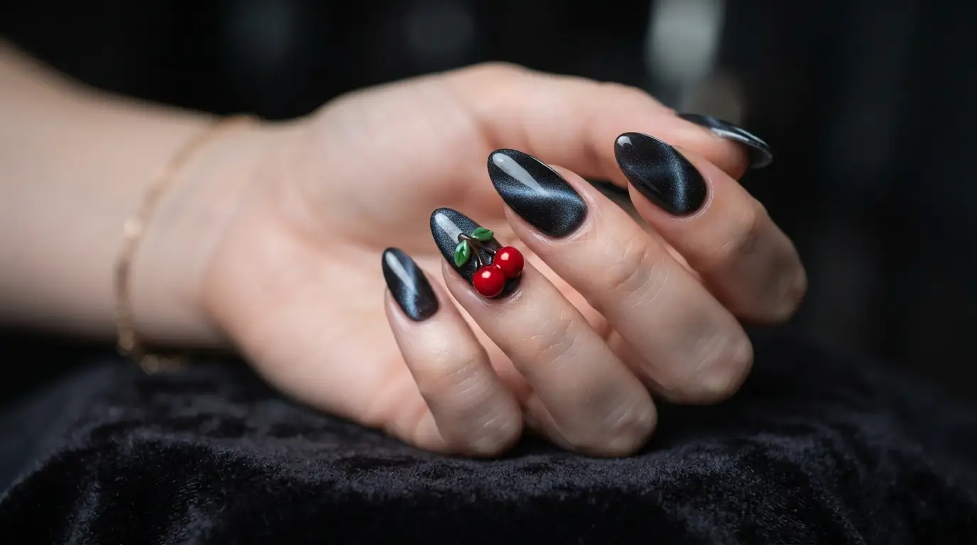 Black Cat Eye with a Red Cherry Charm