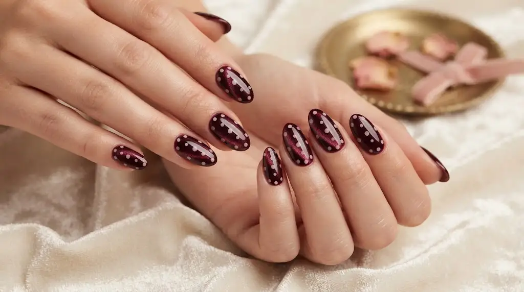 Burgundy Velvet Cat Eye with Blush Dots