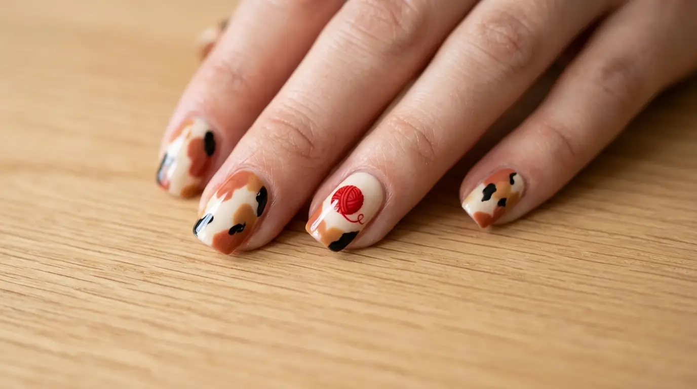 Calico Cat and Red Yarn Ball Nails