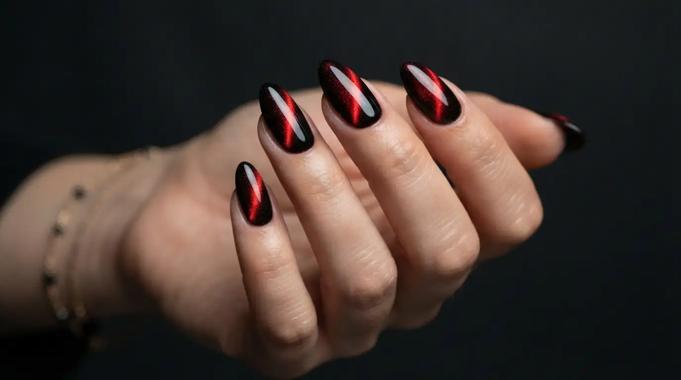 Classic Red Cat Eye on a Black Base Almond Nails