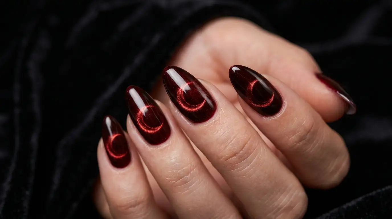 Crescent Moon Red Cat Eye Nails