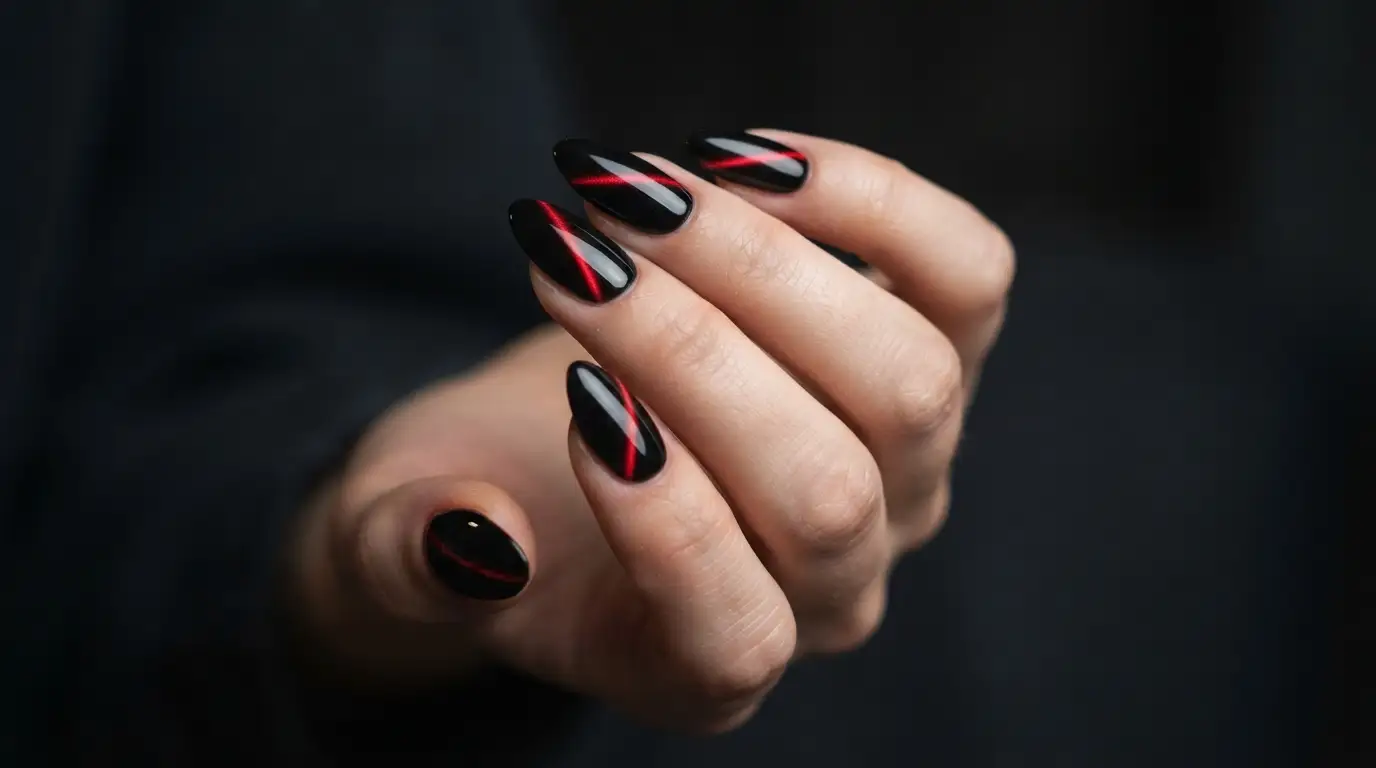 Diagonal Red Cat Eye Line on Black Nails