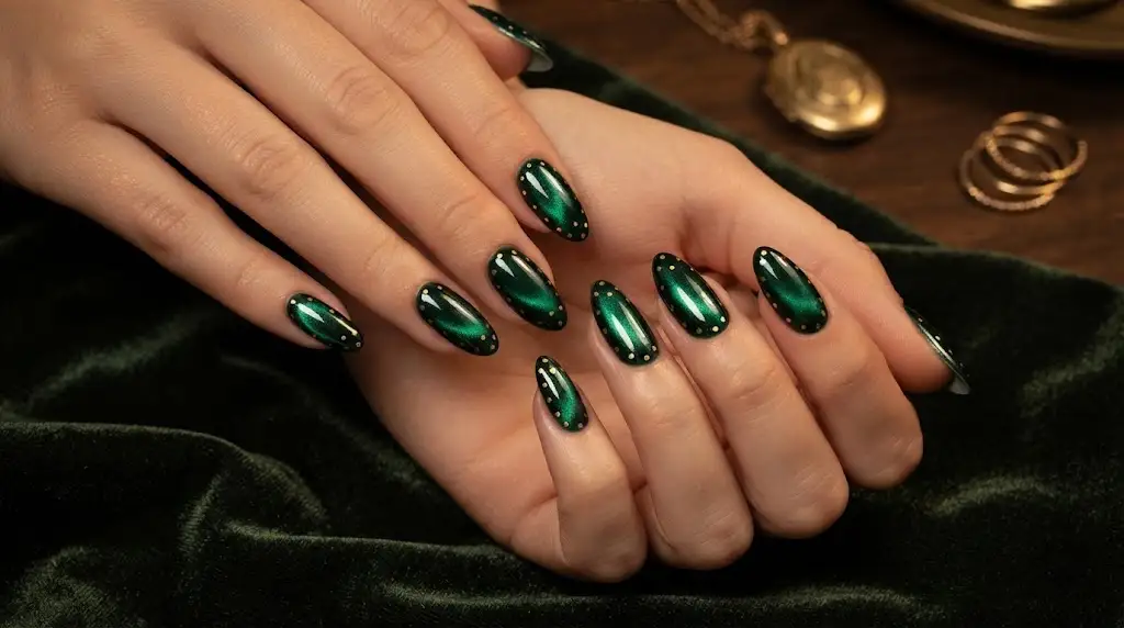 Emerald Cat Eye with Gold Dots on Long Almond Nails