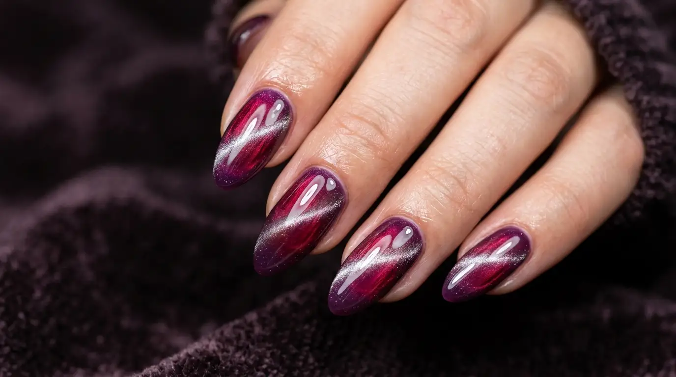 Glass Red Cat Eye Almond Nails