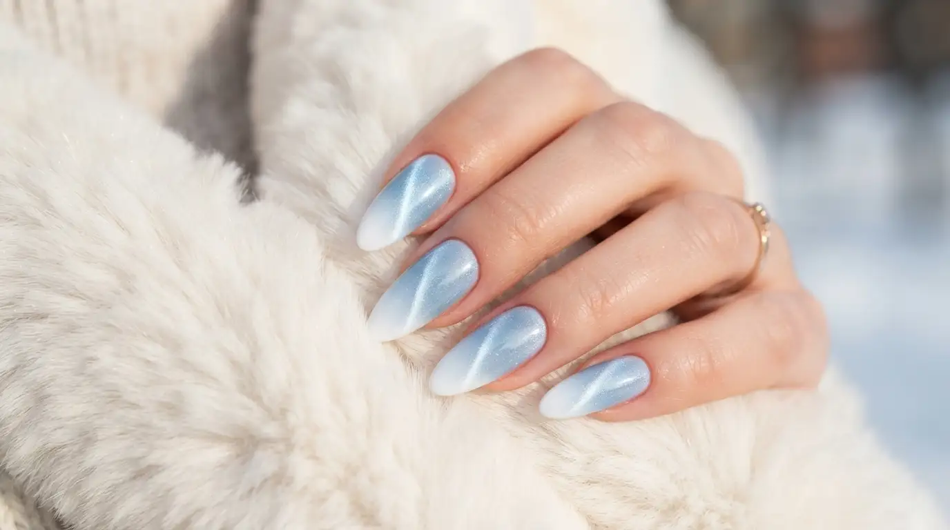 Icy Blue to White Frost Long Almond Cat Eye Ombre