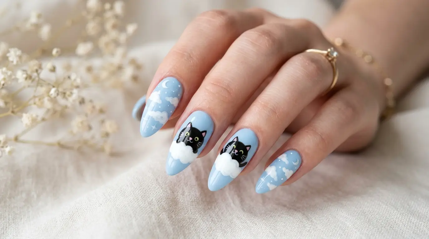 Kawaii Chubby Cat on Pastel Clouds