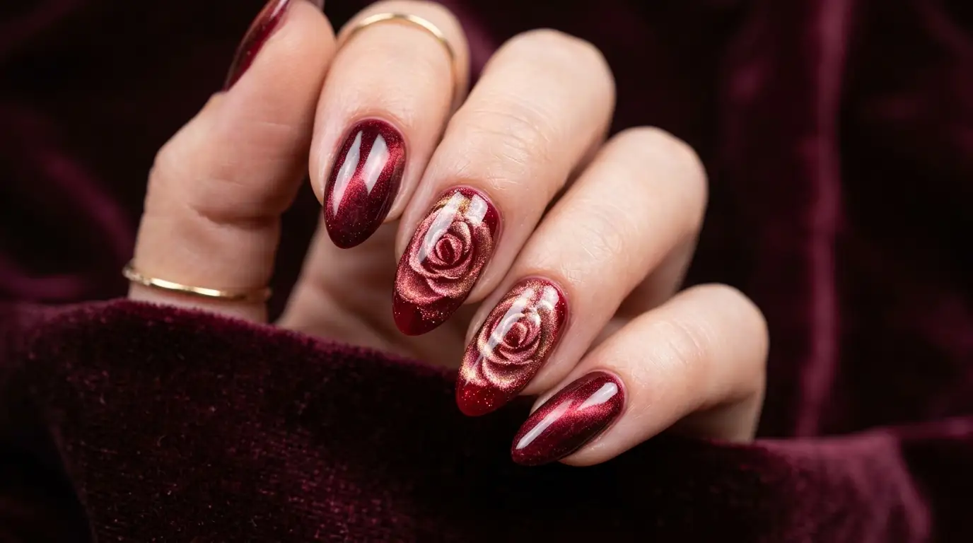 Magnetic Rose Bloom Red Cat Eye Nails
