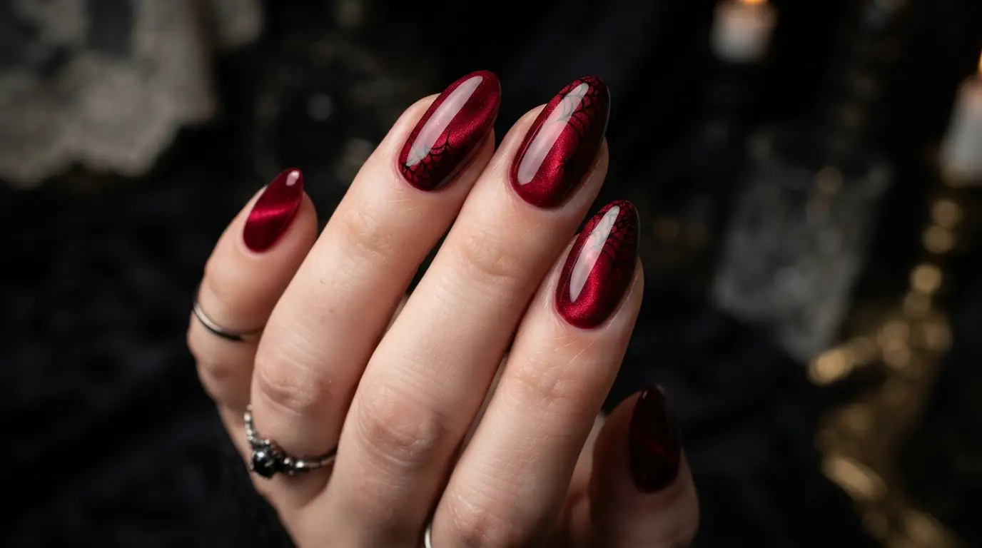 Red Cat Eye Black Spider Web Nails