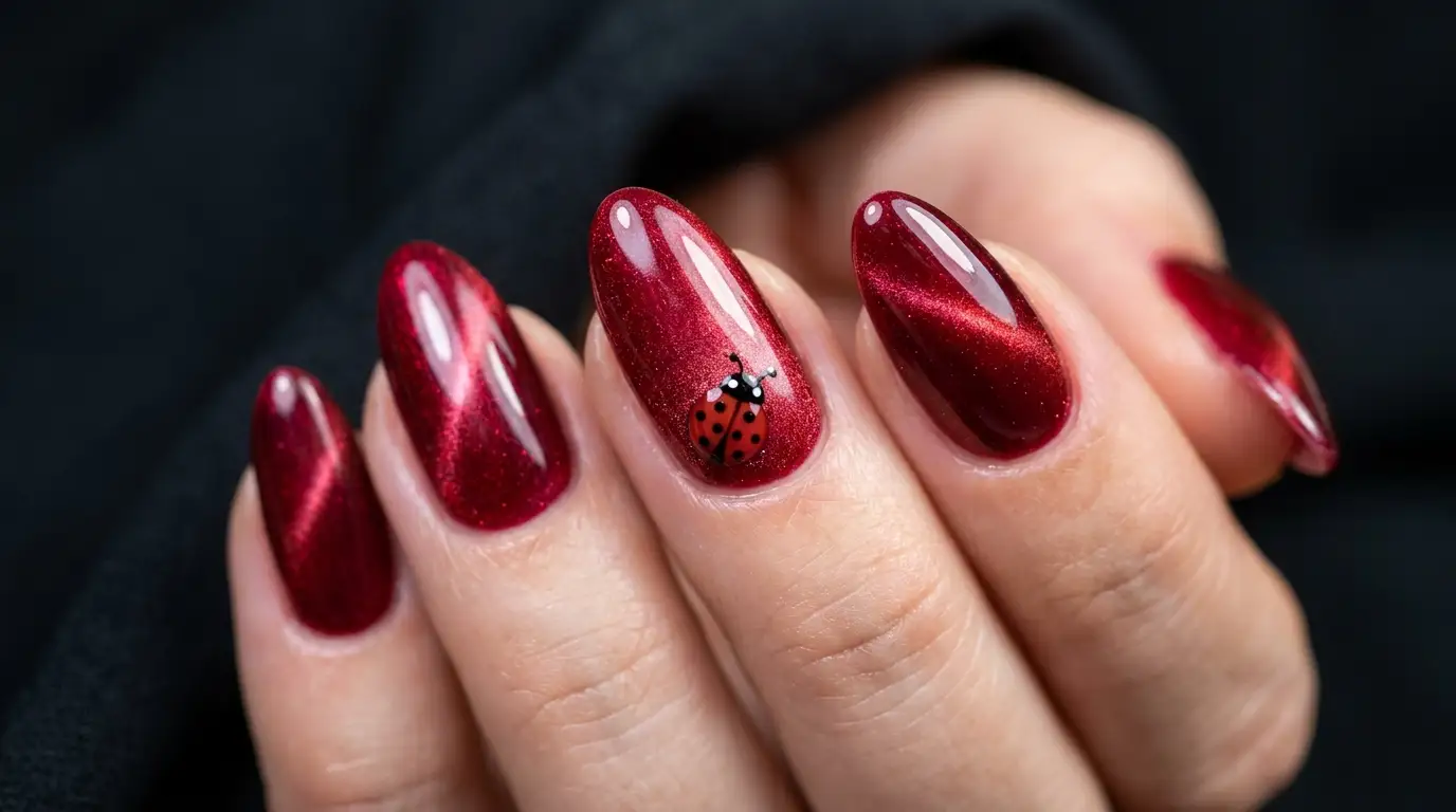 Red Cat Eye Ladybug Accent Nails