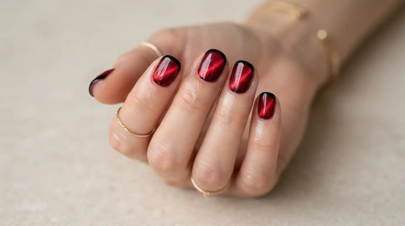 Red Cat Eye Nails with Black French Tips