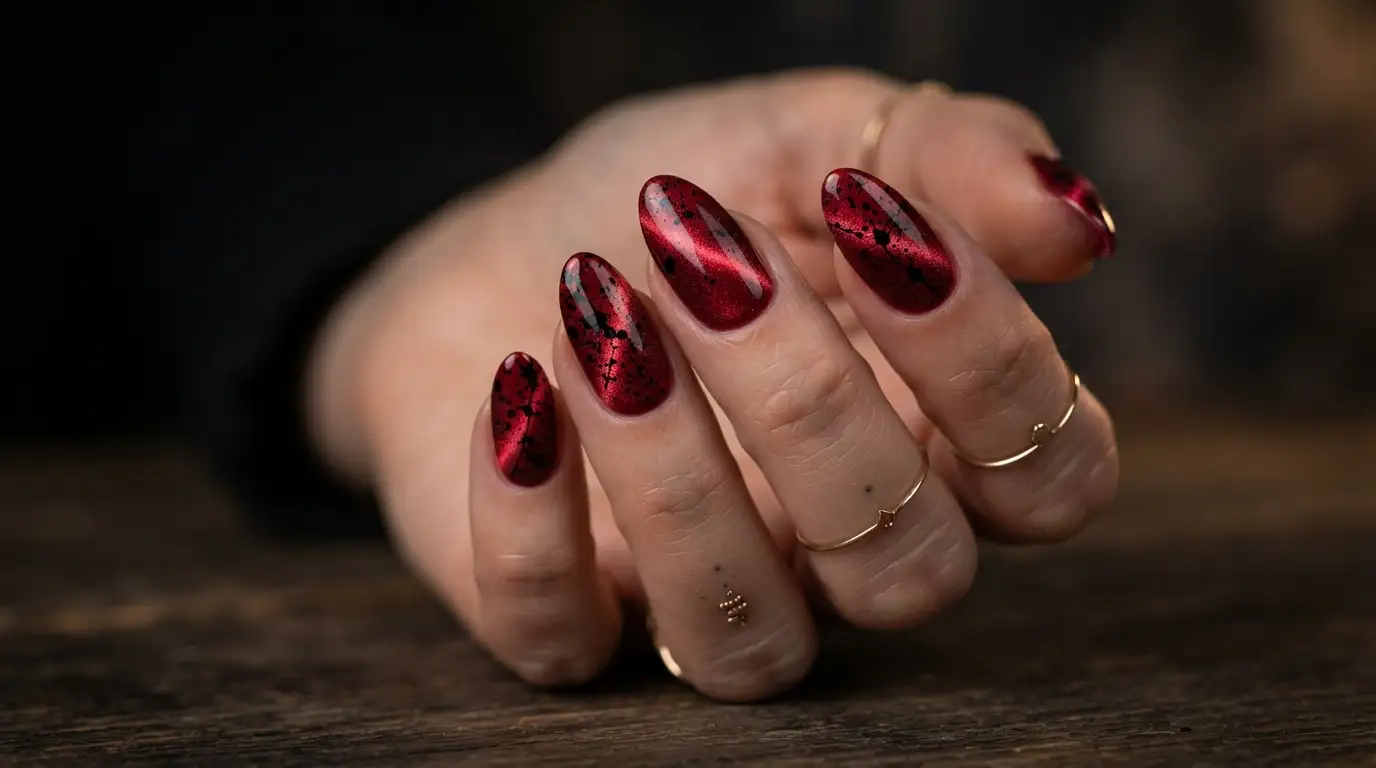Red Cat Eye Nails with Black Ink Splatter