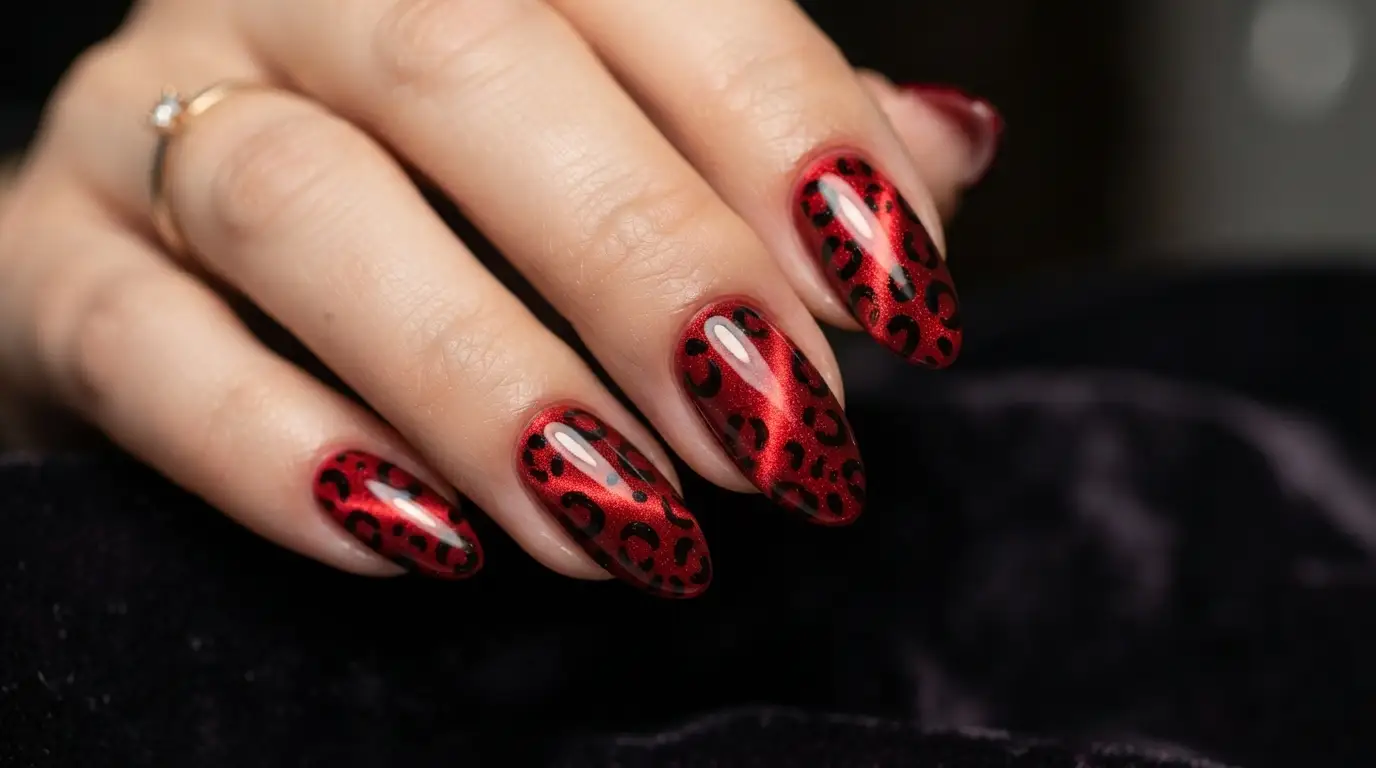Red Cat Eye Nails with Black Leopard Spots