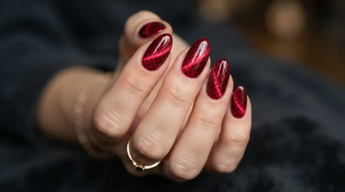 Red Cat Eye with Tiny Black Polka Dots