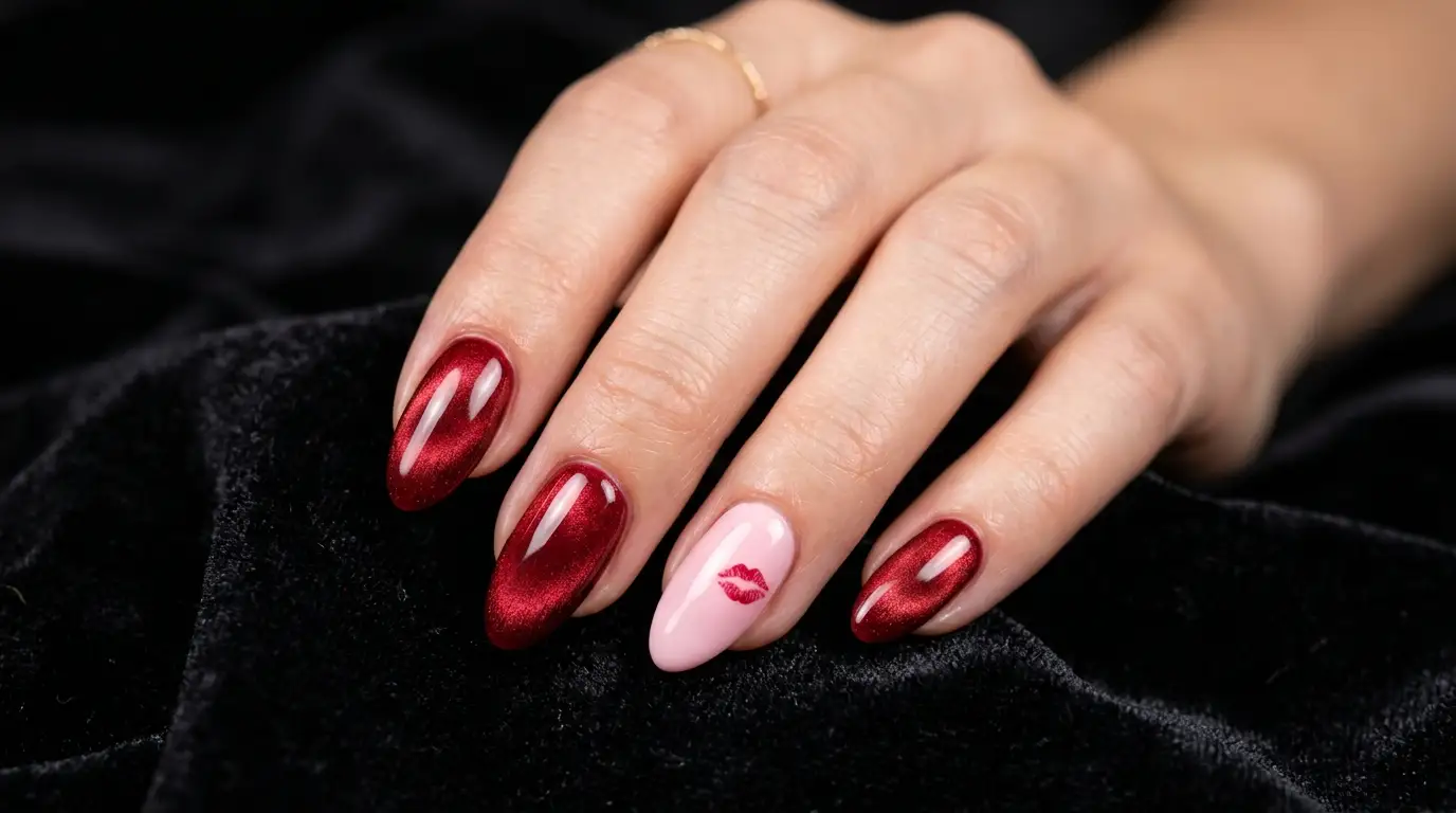 Red Lip Kiss Mark Accent Nails